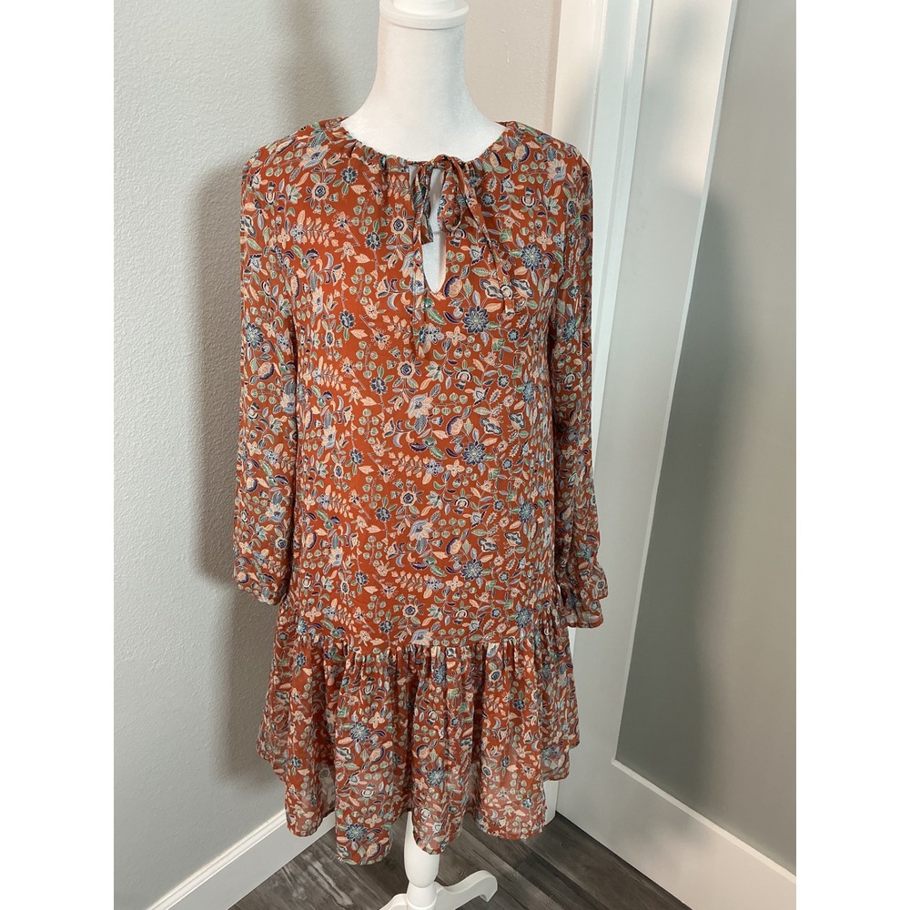 MNG Mango Rust Orange Floral Ruffle Mini Dress Size S